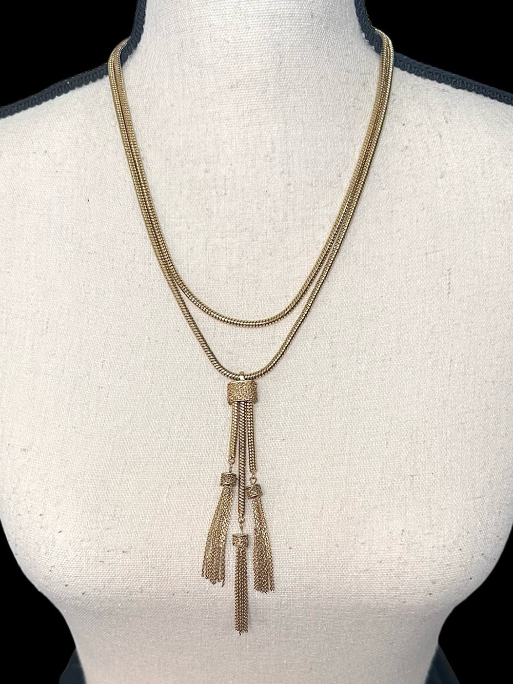 💛Vintage Ann Taylor Double Strand Gold Tone Long Necklace with Chain Tassels